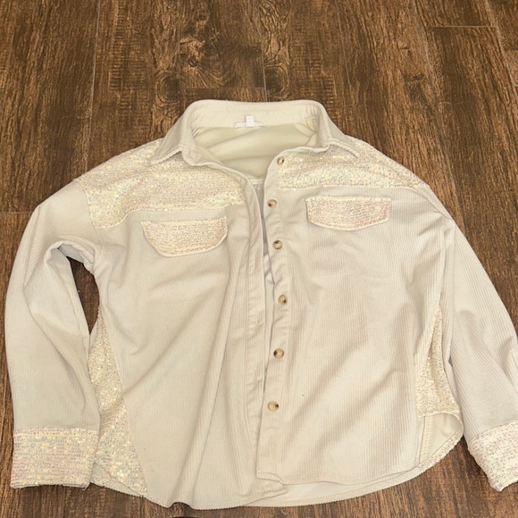 sewn and seen Tops - Cream Button-Up jacket/shirt with Sequin Details